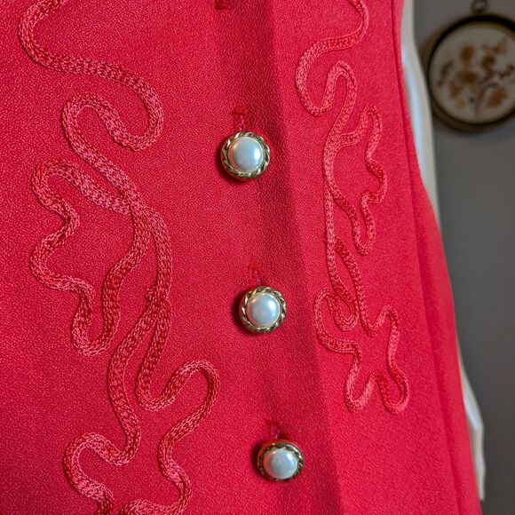 Vintage 90s Scarlett Red Midi Dress Pearl Button Front Shoulder Pads Size 3/4 - Picture 5 of 10